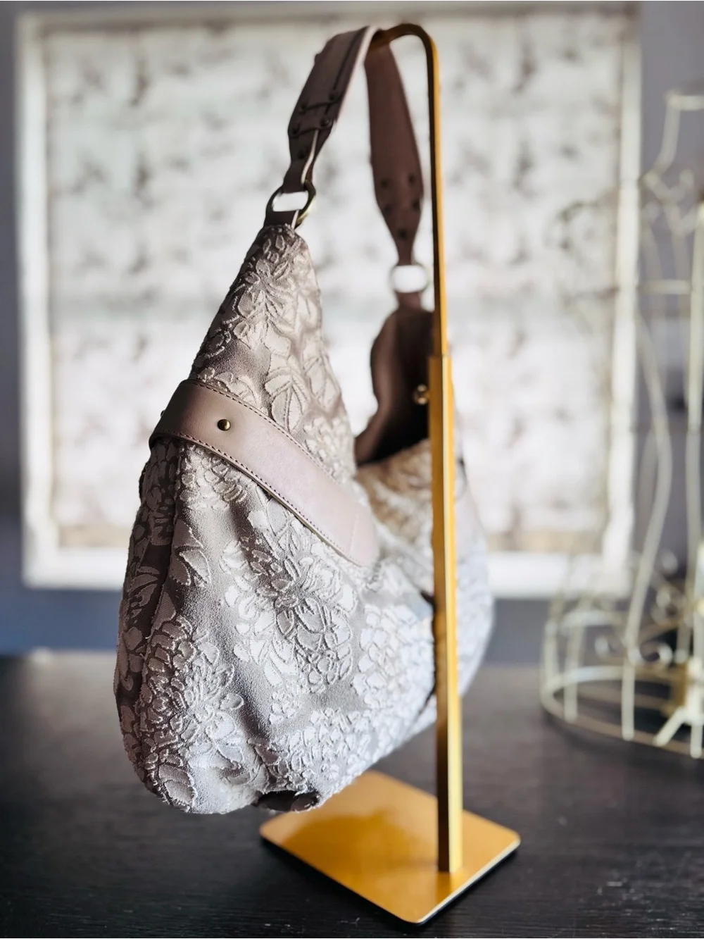 Donald J Pliner Floral Jacquard Hobo Shoulder Bag Taupe Leather Boho